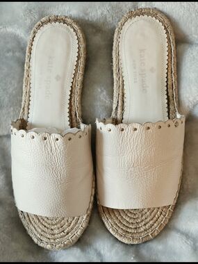 kate spade Cream Leather Scalloped Espadrille Slide Mules